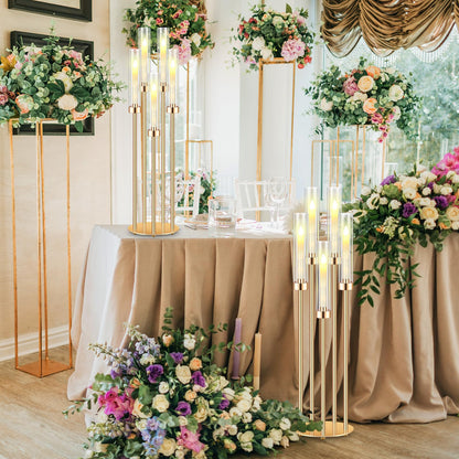 Tandefio 4 Set 5 Arm Gold Candelabra Centerpieces for Table, 35'' Tall Wedding Metal Candlestick Floor Holder Acrylic Clear Lampshades with 20 LED Candles for Wedding Party Event Table Fireplace Decor