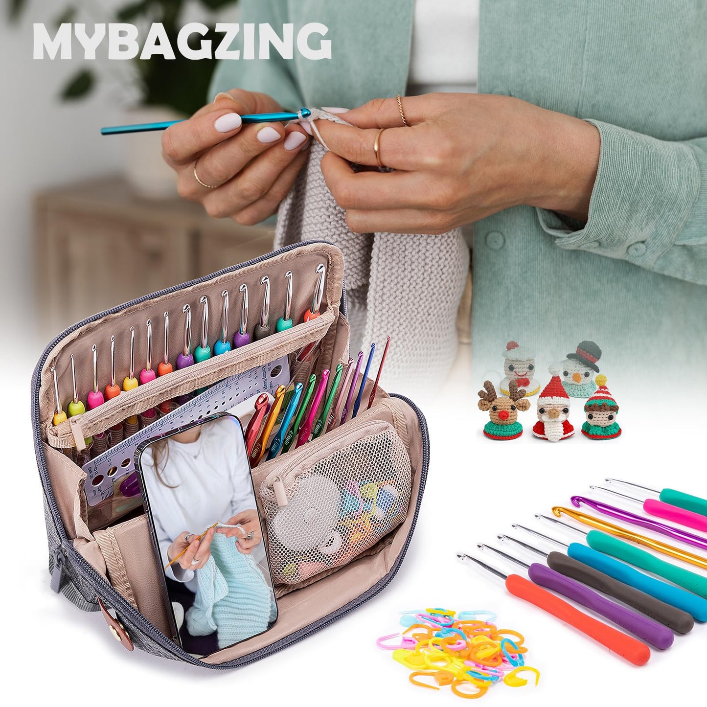 MYBAGZING Empty Crochet Hook Case - Stand Up Organizer with 30 Slots for Hooks & Needles, Accessories - Needles Set for Lovers, Kit for Beginners