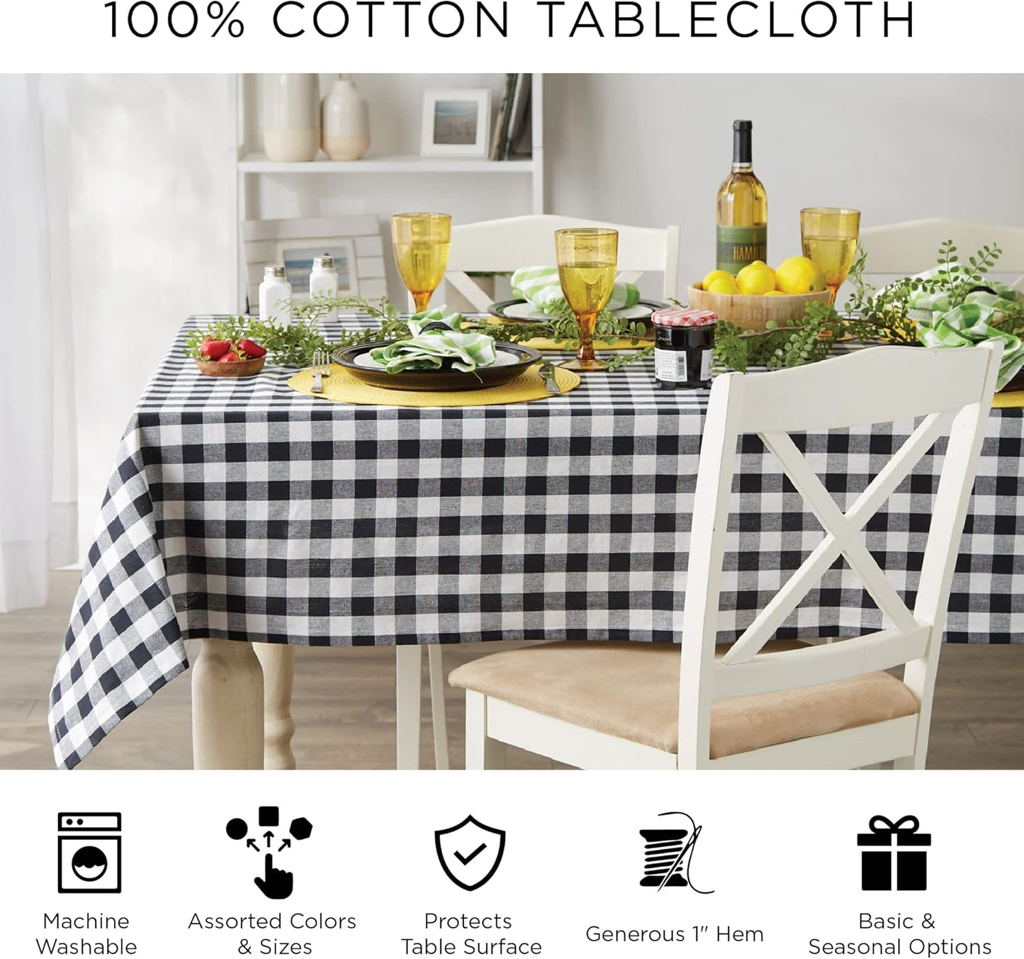 DII Buffalo Check Collection, Classic Farmhouse Tablecloth, 60 x 104, Antique Green