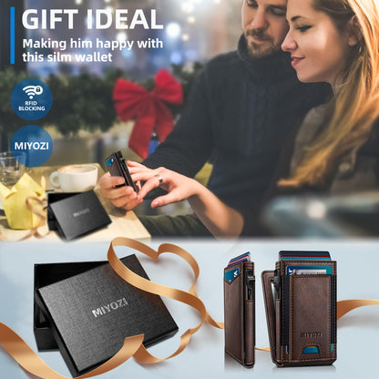 miyozi Wallet for Men, Slim Pop Up Card Holder - RFID Blocking Minimalist Bifold Wallet with ID Window, Holds 9-11 Cards & Stretchable Strap, Metal Flip Case with Magnetic Closure, Gift Box