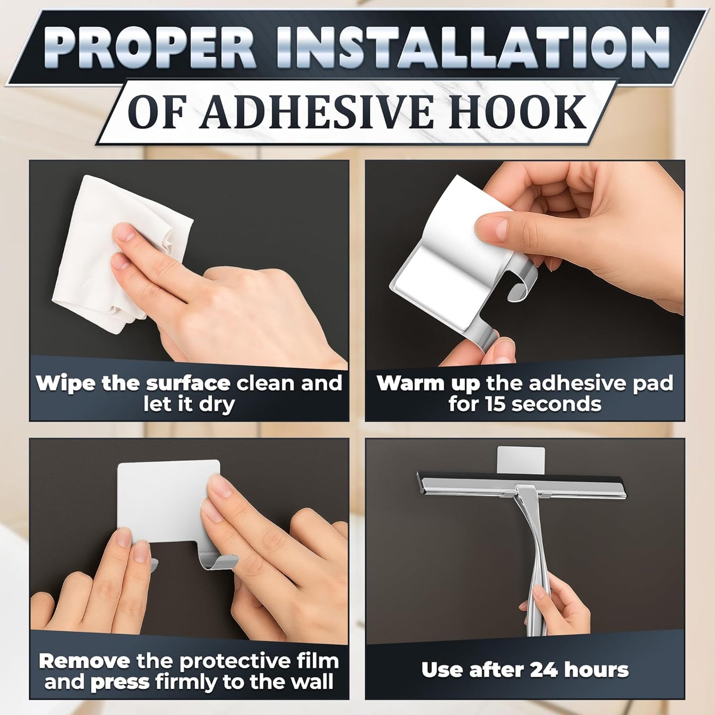 12" Shower Door Squeegee with Adhesive & Hanging Hooks, Silicone Blade - Stainless Steel All-Purpose Squeegee