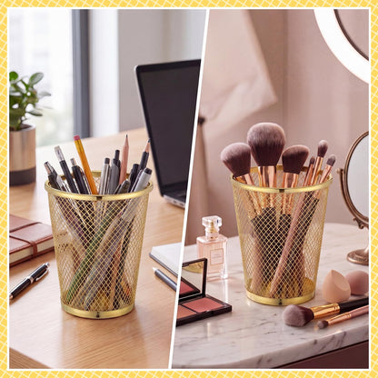 Poola Voidra 6 Pcs Gold Mesh Pen Holders Bulk Metal Pencil Makeup Brushes Cups Back to School Supplies Round Golden Organizer Golden for Desk Home Office Classroom Students Teachers Staff
