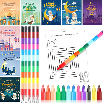 Zhanmai 48 30 Pcs Eid Mubarak Goodie Bags Favor Days of Ramadan Watercolor Coloring Book Bulk with Stacking Crayons