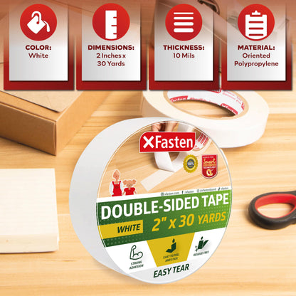 XFasten Tear-by-Hand Double Sided Tape, 2-inch by 30-Yard, Easy Tear for DIY Crafts, Woodworking and Carpet Installation