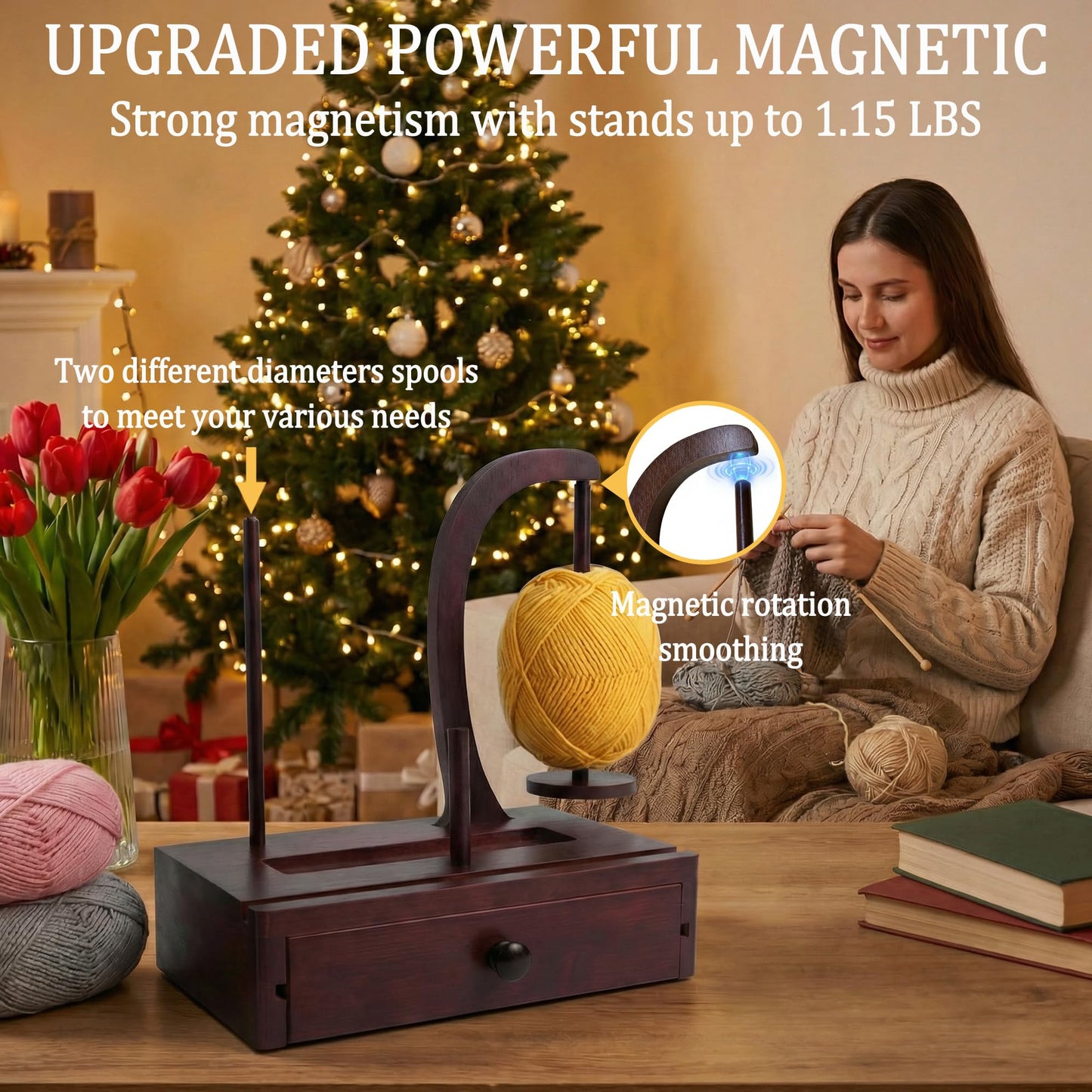 Larger Size Yarn Holder for Crocheting, Upgrade Wooden Yarn Spinner with Magnetic Rotating Mechanism, Large Storage Space, Crochet Gift for for Knitting Lovers Mom Mother's Day Gift