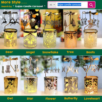 Candle Carousel Rotary Candle Holder Christmas Carousel Spinning Tealight Candleholder Christmas Decoration Centerpieces for Tables Valentine Easter (Gold Ginkgo Leaf)