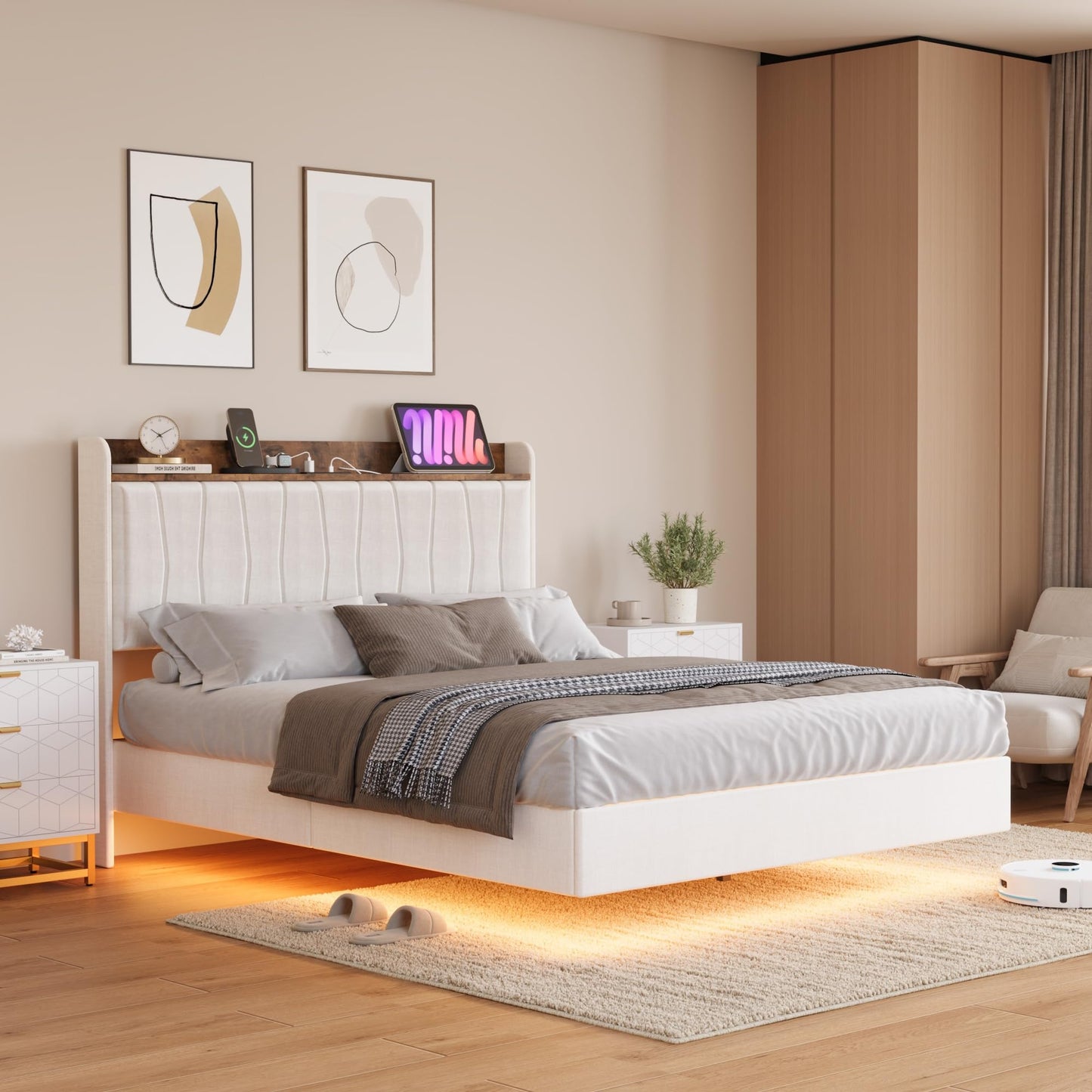 IDEALHOUSE King Floating Bed Frame with LED Lights & Charging Station, Upholstered Platform Bed with Storage Headboard, Wood Slats Support, No Box Spring Needed, Easy to Assemble, White