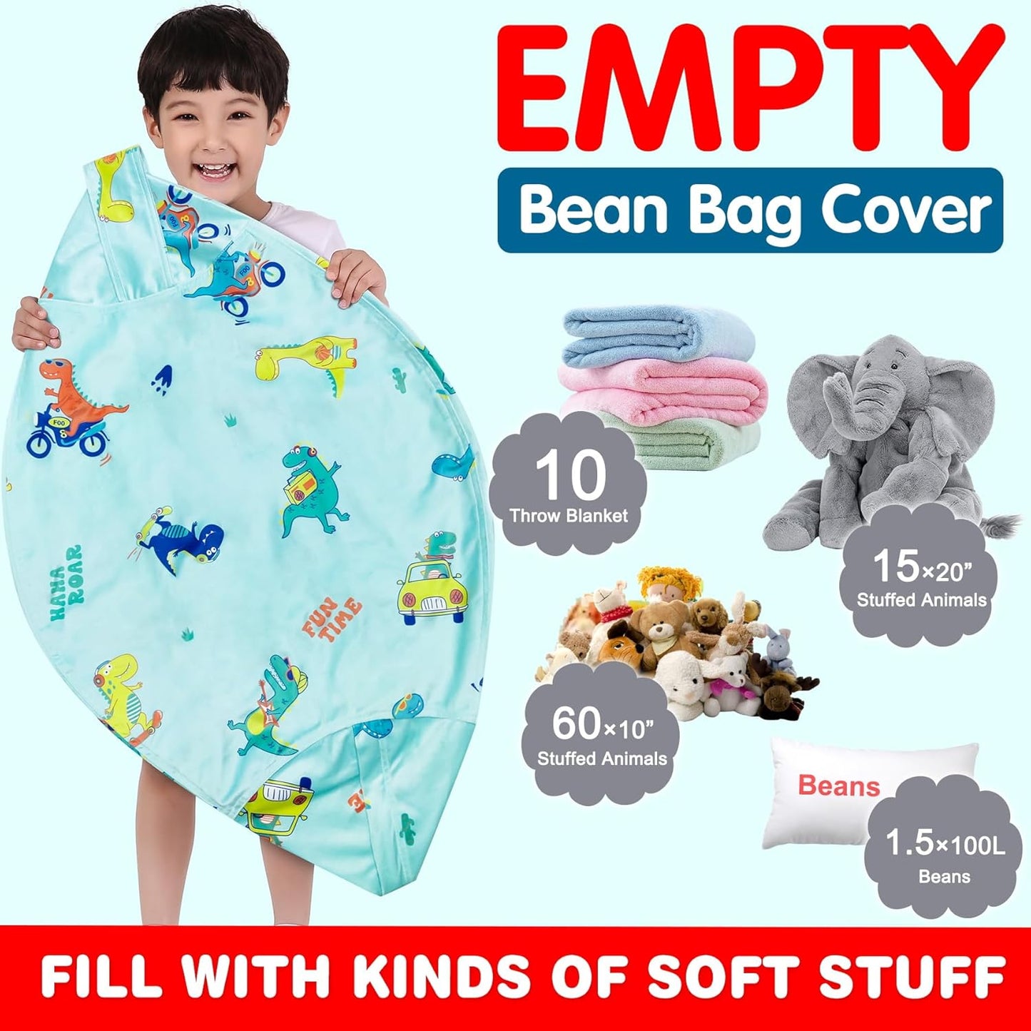 Lukeight Dinosaur Zipper Stuffed Animal Storage Bean Bag Chair Cover for Kids, Organizing Plush Toys (Dino Blue, Large)