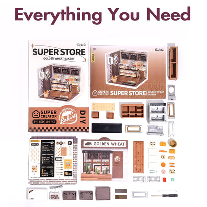 Rolife LED Building Blocks for Adults,1:24 Toy Building Sets,Model Building Kits,DIY Miniature Dollhouse Kits for Adults,Hobbies for Women Men (1.Golden Wheat Bakery)