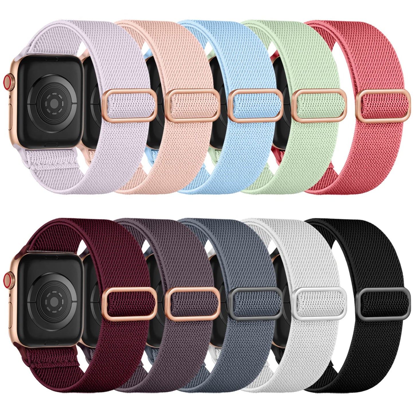 Maledan 10Pack Stretchy Nylon Solo Loop Compatible with Apple Watch Band 45mm 44mm 42mm 46mm 49mm Women Men, Soft Adjustable Braided Elastic Wristband for iWatch Ultra 2 Series 10/9/8/7/6/5/4/3/2/1/SE
