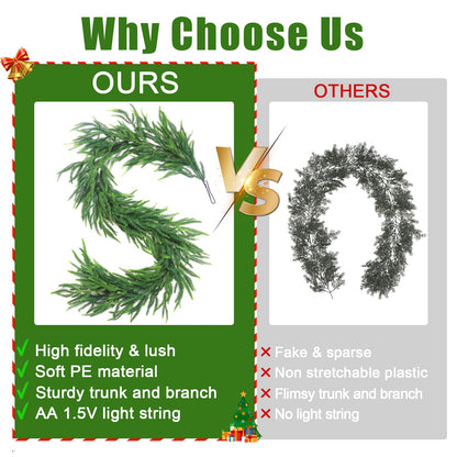 Norfolk Pine Garlands with Light String, 6Ft Artificial Soft Christmas Pine Garland, Green Real Touch Greenery Garland for Table, Mantle, Staires, Wall, Premium Indoor/Outdoor Christmas Decorations