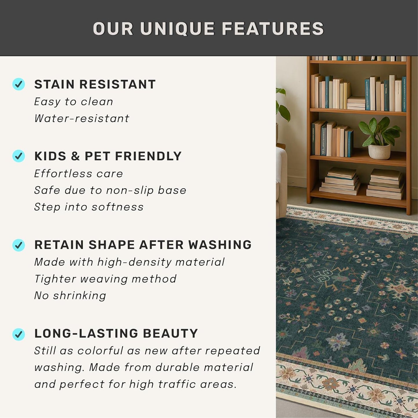 Regine Switzerland Dark Green Washable Runner Rug - 2'6"x10' Non-Skid Indoor Carpet for Hallway & Entryway