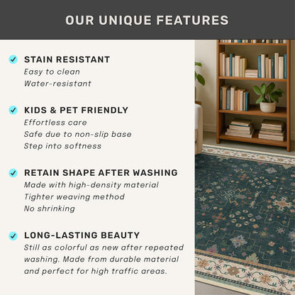Regine Switzerland Dark Green Washable Runner Rug - 2'6"x10' Non-Skid Indoor Carpet for Hallway & Entryway