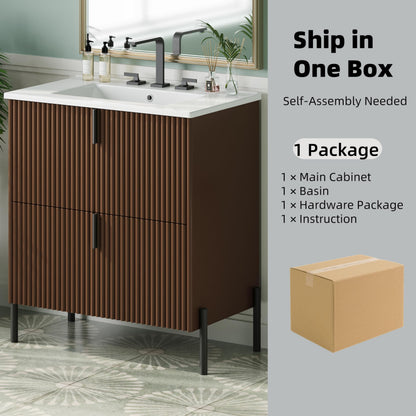 Merax 30" Freestanding Bathroom Vanity with Ceramic Sink, Equipped with Vertical Pulls, Full-Extension Drawers, Soft Close Drawer Slides, Fluted Design, Brown