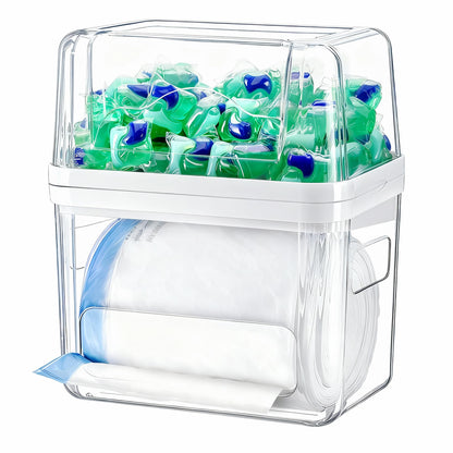 iCASA Trash Bag Dispenser Dishwasher Pod Organizer, 3 in 1 Grocery Garbage Bags Holder Storage Box Clear Laundry Room Pods Dishwasher Tab Cleaner Tablets Container Pantry Kitchen Under Sink Organizers