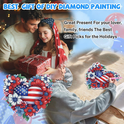 Bowetile 5D Patriotic Diamond Art Hanging Kits for Adults, Diamond Painting Heart Shape Flowers Pendant Kits, Special Shape USA Flag Gem Art Suncatcher Ornament for Home Window Wall Decor