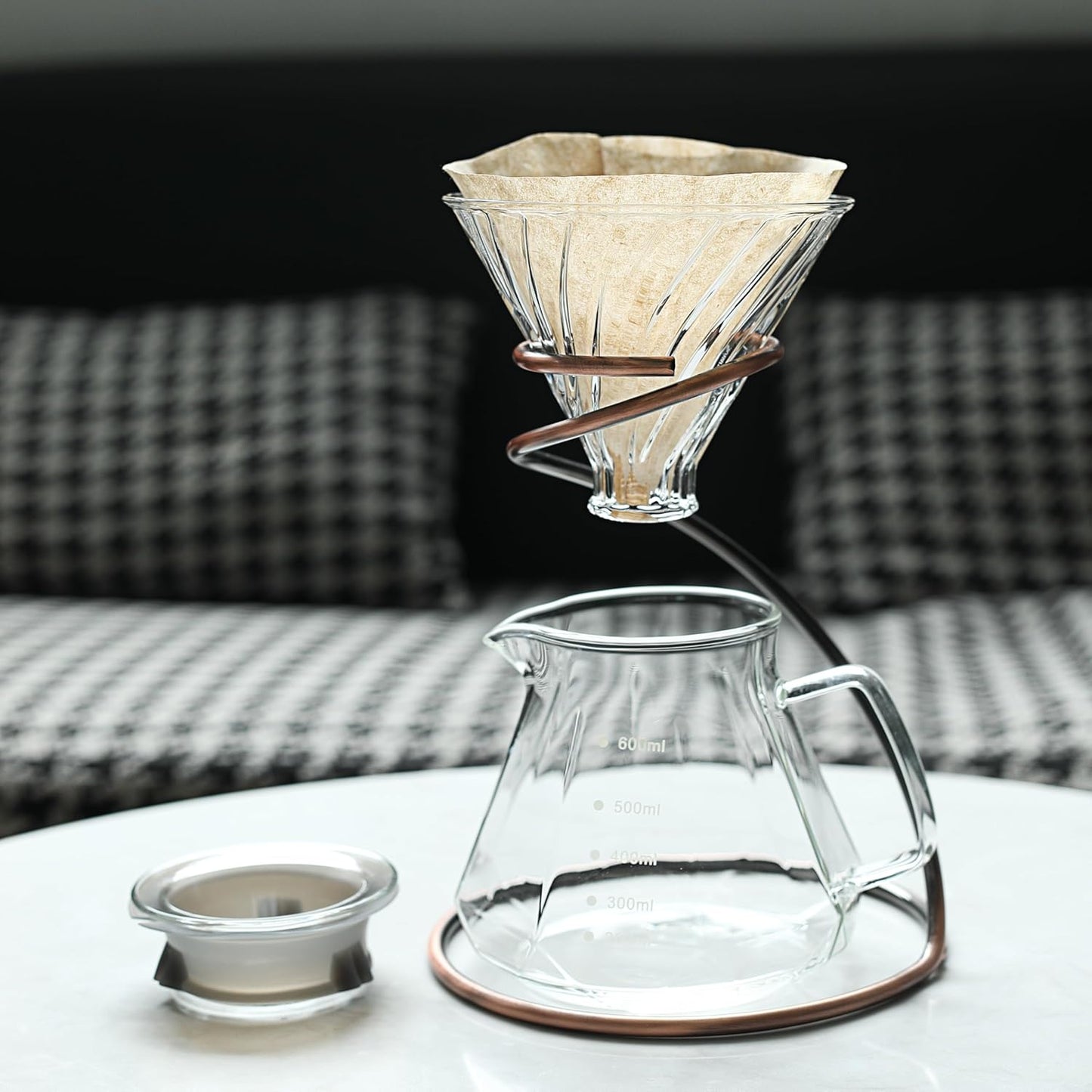 Pour Over Coffee Maker Set, 20oz/600ml Dripper & Glass Lid, Metal Stand and 100 Paper Filters, 4 in 1 Set