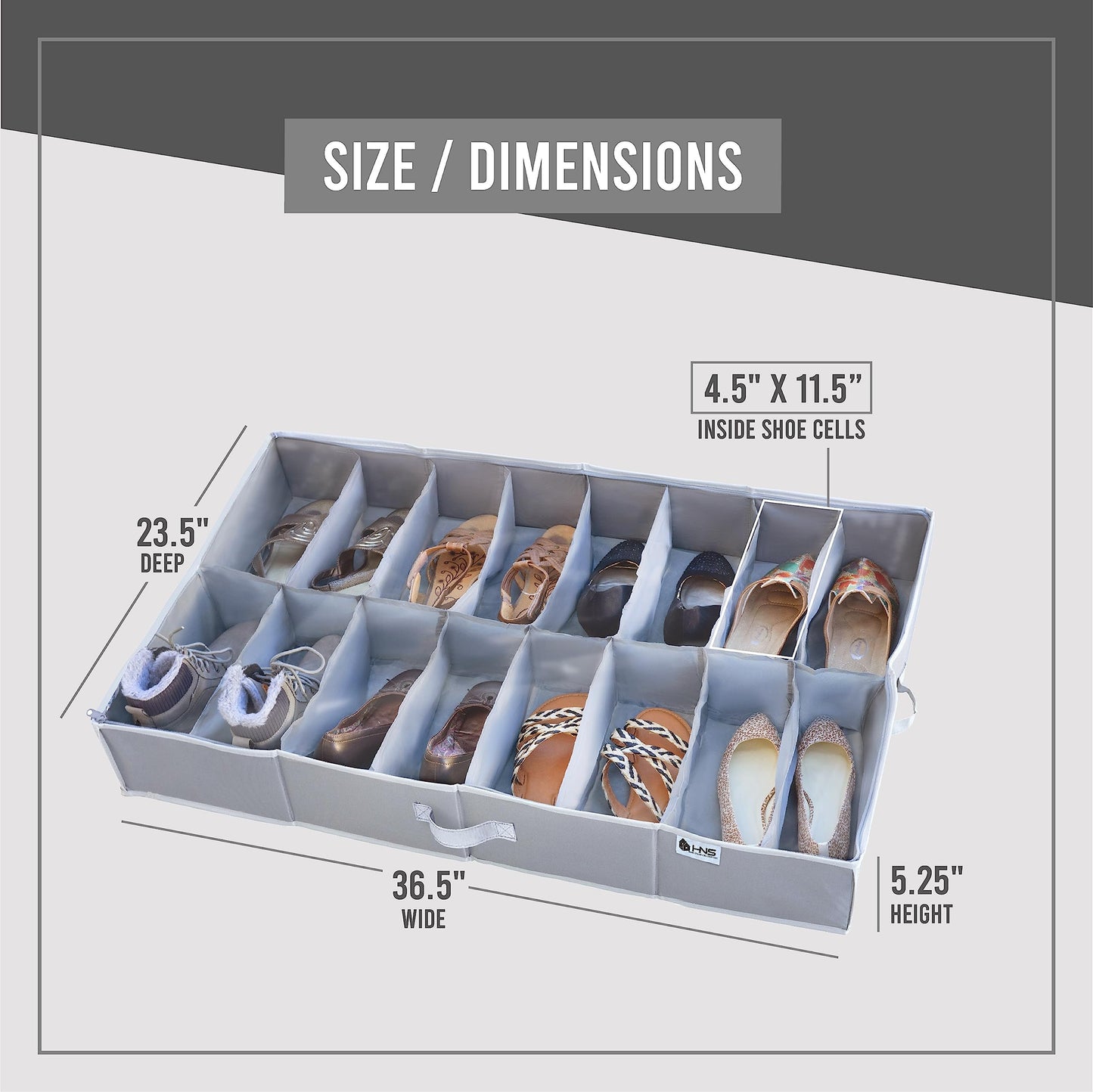Under Bed Shoe Storage Organizer - TEAR-RESISTANT Heavy Duty 600D Material - Fits All Styles Men's and Women's Shoes, Up to 16 Pairs - Extra-Strong Zipper - Grey - Perfect for College Dorms