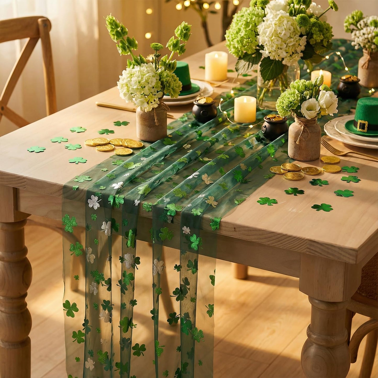 Artoid Mode Green Gauze Shamrocks St.Patrick's Day Table Runner 120 Inch 10FT,Seasonal Sheer Dining Holiday Baby Shower Table Decor for Home Party