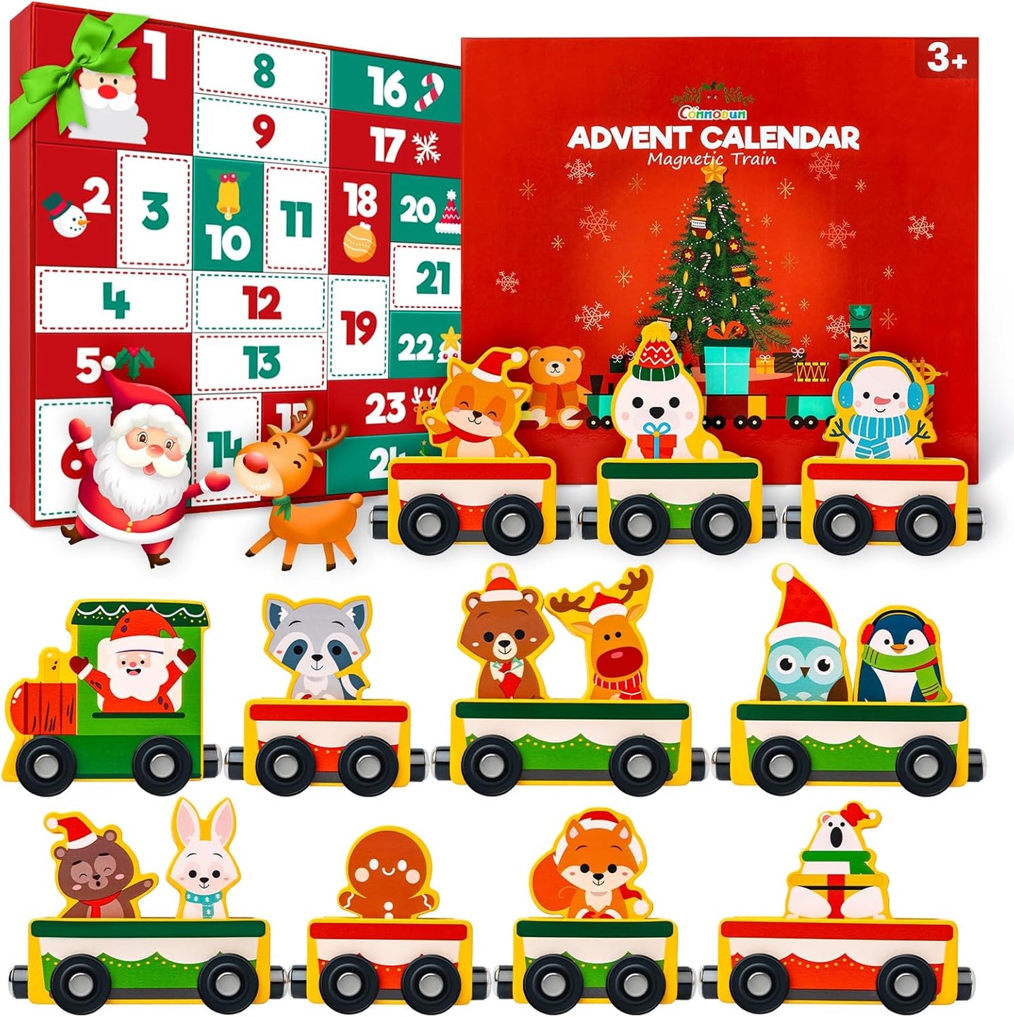2025 Commodum Set, 24 Countdown Christmas Advent Calendar Gifts for Kids, Magnetic Wooden Animals Train Days Advent