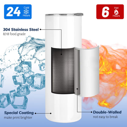 Joyclub 50 Pack Sublimation Tumblers Blank 20 oz Straight Skinny bulk for Heat transfer, Double Wall Insulated Tumbler with Lids, Straw, Rubber Bottoms, Individually Gift Boxed and Shrink Wrap Films