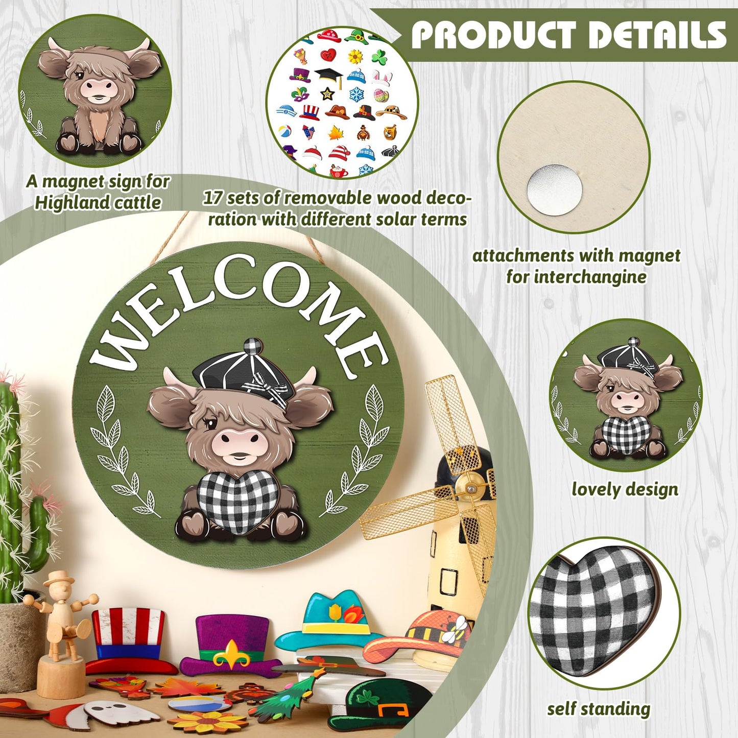 35 Pcs Patriotic Interchangeable Highland Cow Welcome Sign Highland Cow Seasonal Wooden Hanging Door Decor 4th of July Farmhouse Hanging Sign for Front Door Graduation Party Decoration(Grass Green)
