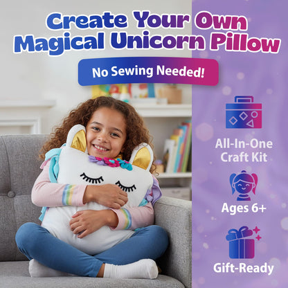 Pinwheel Crafts Unicorn Pillow Kit - No Sew Unicorn Craft Kit - Gifts for Girls, Arts and Crafts for Kids Ages 4-8 - Unicorn Toys for 6 Year Old Girl Gifts, Birthday, Easter, Toddlers, Teens