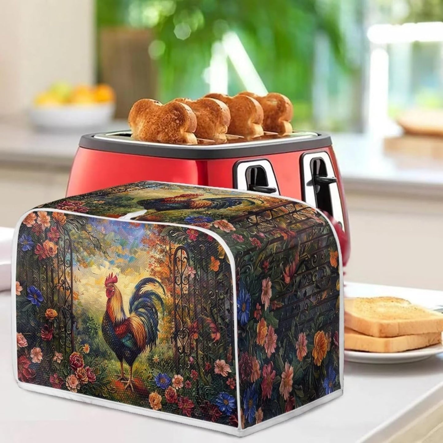 Rooster Flower Toaster Cover, 2 Slice, Brown Washable Dustproof Bread Maker Protector, Kitchen Appliance Gift for Mom