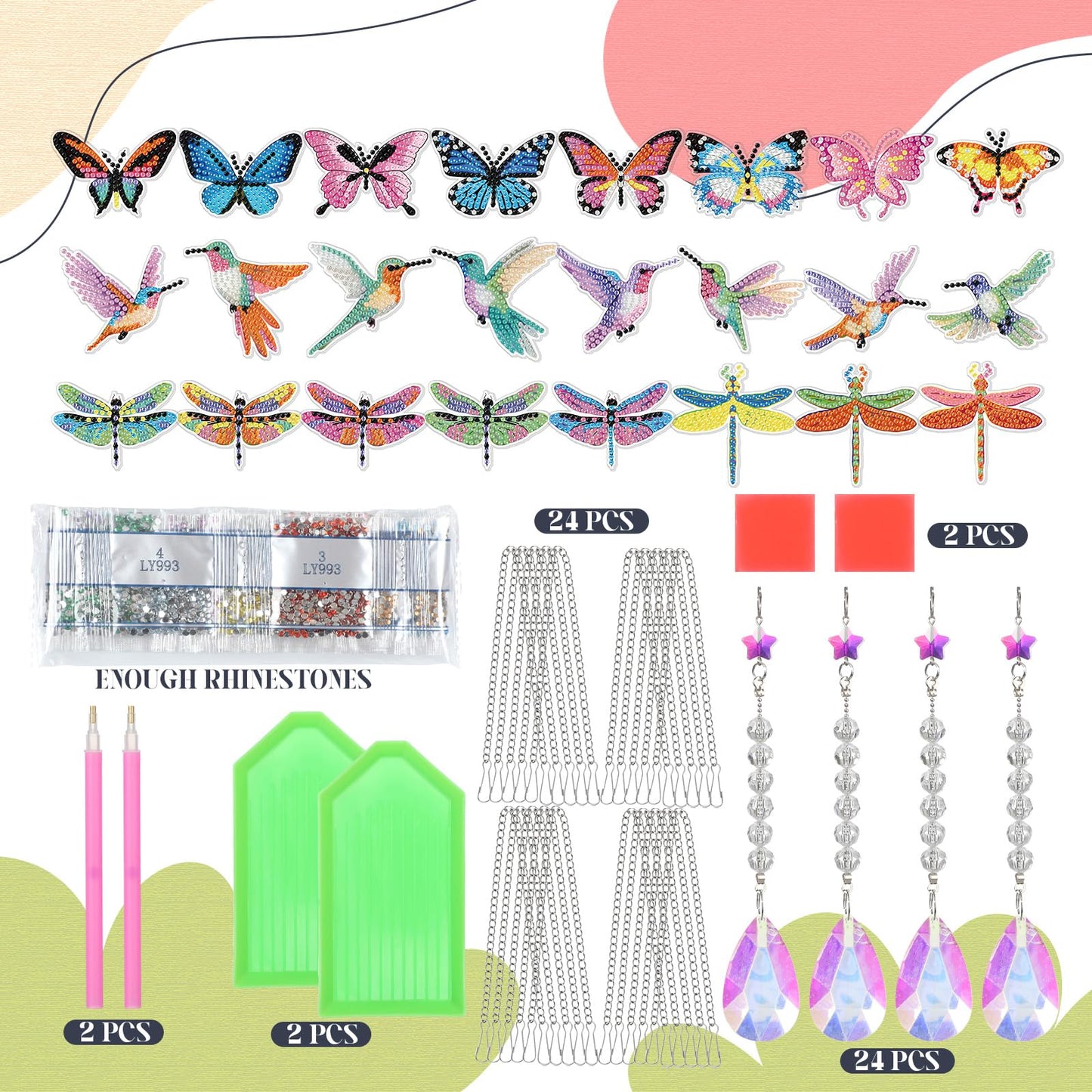 Seenelling 24 Pcs Diamond Painting Suncatcher Bulk Wind Chime Diamond Art Kits DIY Crafts with Crystal Pendant for Summer Spring Adult Window Garden Home Party Gift(Butterfly Dragonfly Bird)