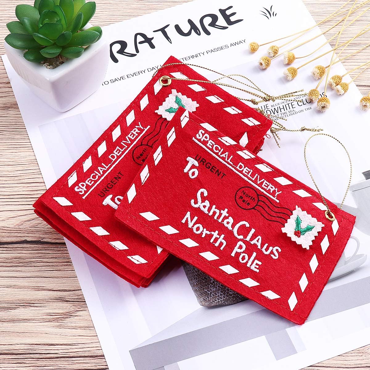 Letter Envelope to Santa Claus, 10pcs Christmas Candy Bag Tree Ornament Embroidery (Red)