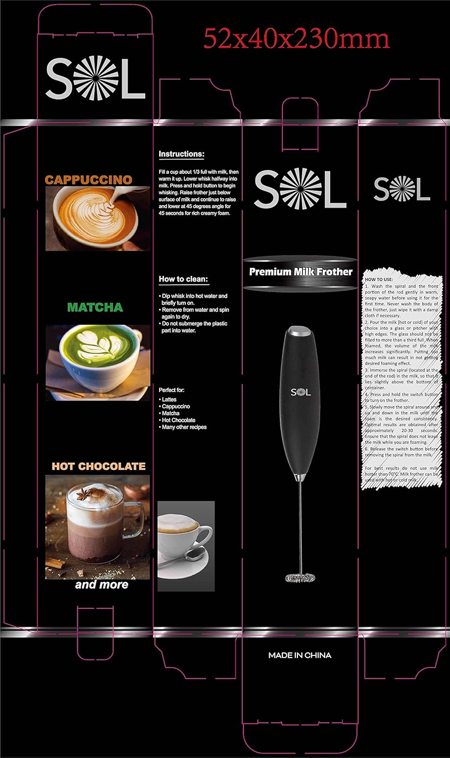 SOL Coffee Set Battery Operated Handheld Milk Frother with Stainless Steel Whisk, Mixer for Coffee Blending (Black)