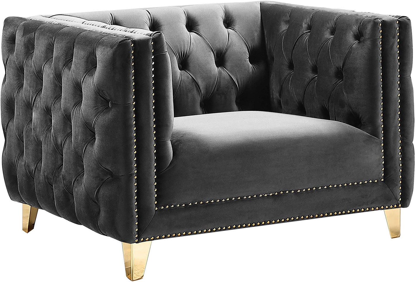 Meridian Furniture 652Grey-C Michelle Collection Modern | Contemporary Chair with Deep Button Tufting, Gold Nailhead Trim and Sturdy Gold Iron Legs, Grey Velvet, 44" W x 34" D x 30" H