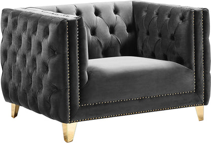 Meridian Furniture 652Grey-C Michelle Collection Modern | Contemporary Chair with Deep Button Tufting, Gold Nailhead Trim and Sturdy Gold Iron Legs, Grey Velvet, 44" W x 34" D x 30" H