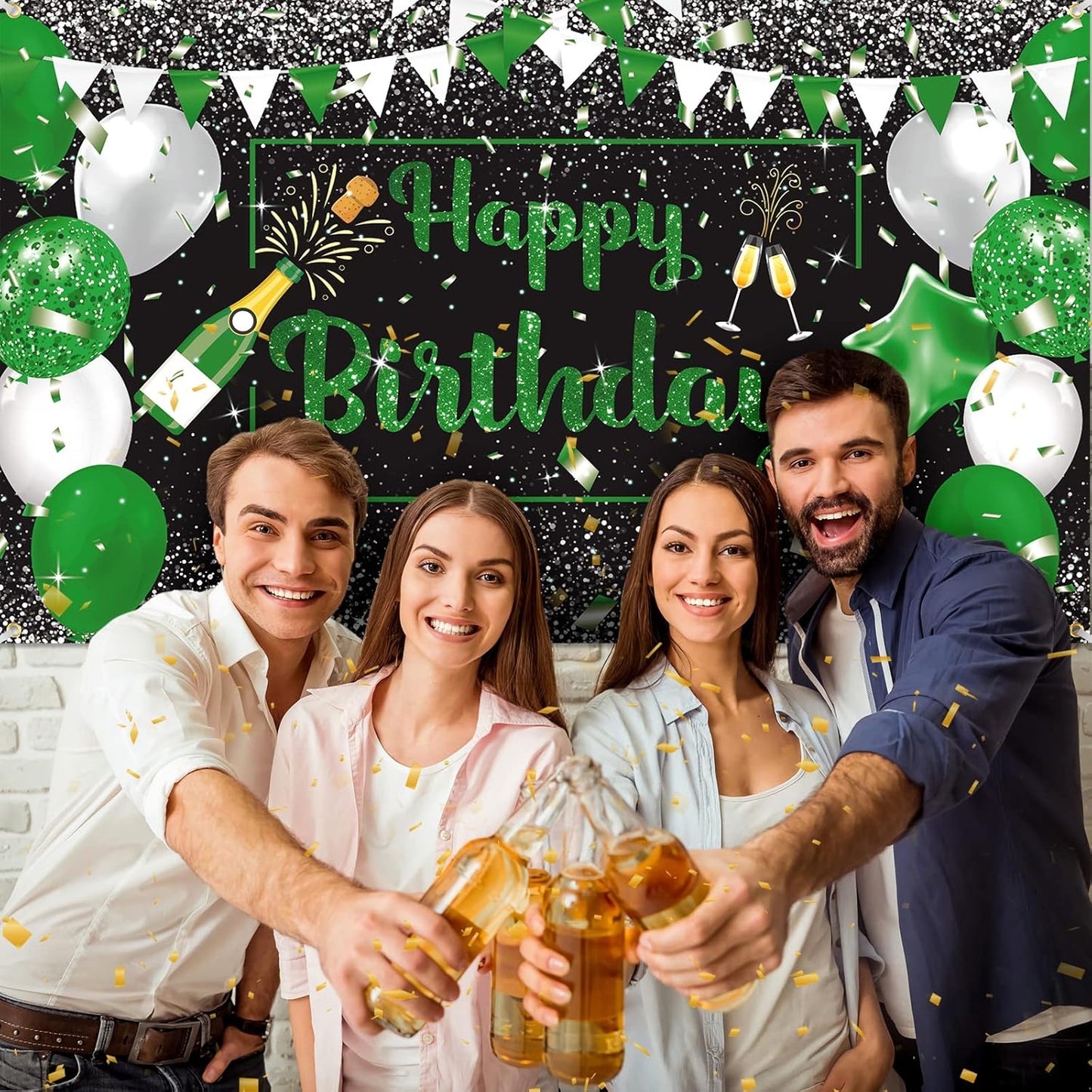 Green Silver Black Happy Birthday Banner Decorations, Champagne Glass Balloons Photo Booth Background for Party Supplies