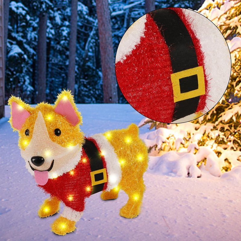 WATERGLIDE Christmas Outdoor Decoration Lighted Dog, 17 Inch Height Pre-Lit 3D Tinsel Cute Puppy Xmas Indoor Outside Holiday Decor with Clear Lights, Light Up & Plug in for Yard Garden Lawn Display