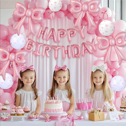 Pink Happy Birthday Balloons, 31”Huge Pink Bow Aluminum Foil Balloons for Girl Woman Birthday, Princess, Coquette Party Decorations Supplies