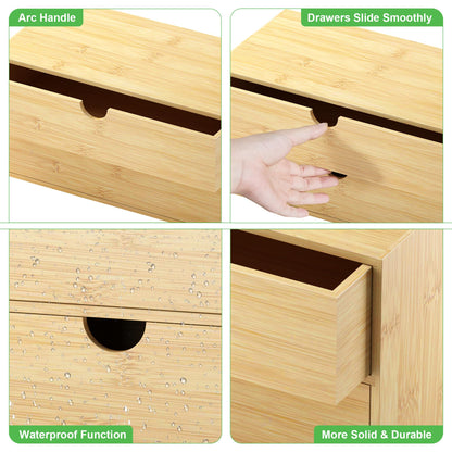Wisuce Desk Organizer with Drawers - Bamboo Desktop Organizer Storage Natural Wood Desk Drawers Organizer for Bills, Office Supplies, Cosmetics, Seals No Assembly Required 3 Drawers（left-right)