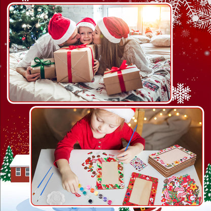 Fovths 12 Packs Christmas Picture Frame Painting Craft Kit Frozen Wooden DIY Photo Frame for 4 x 6 inch Photo with 100 Stickers Rhinestone Stickers 4 Brushes Set for DIY Paint and Decorate