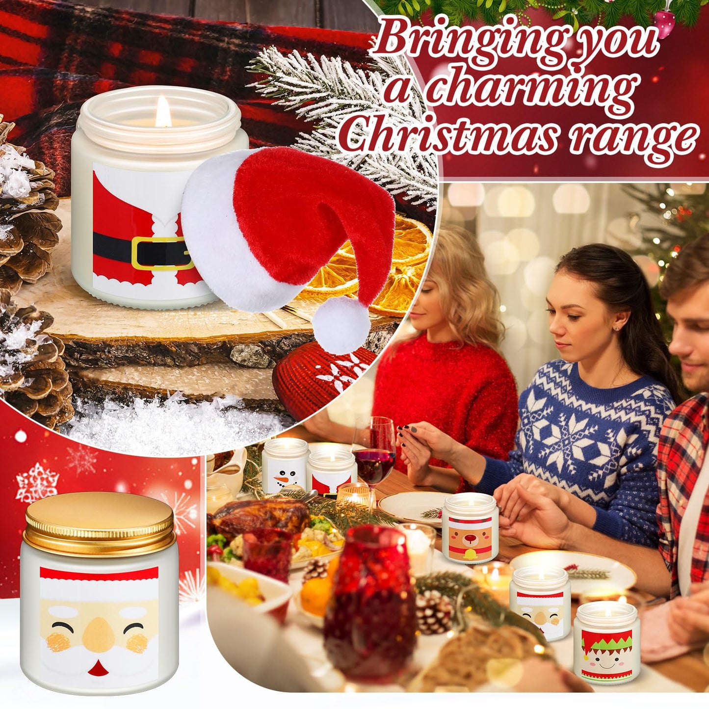 Conelist 12 Pack Christmas Scented Candles Jar Set Include 6 Pcs 7oz Aromatherapy Soy Wax Candles and 6 Pcs Mini Xmas Santa Hat Holiday Table Centerpieces Gifts for Women Men Relaxing Spa