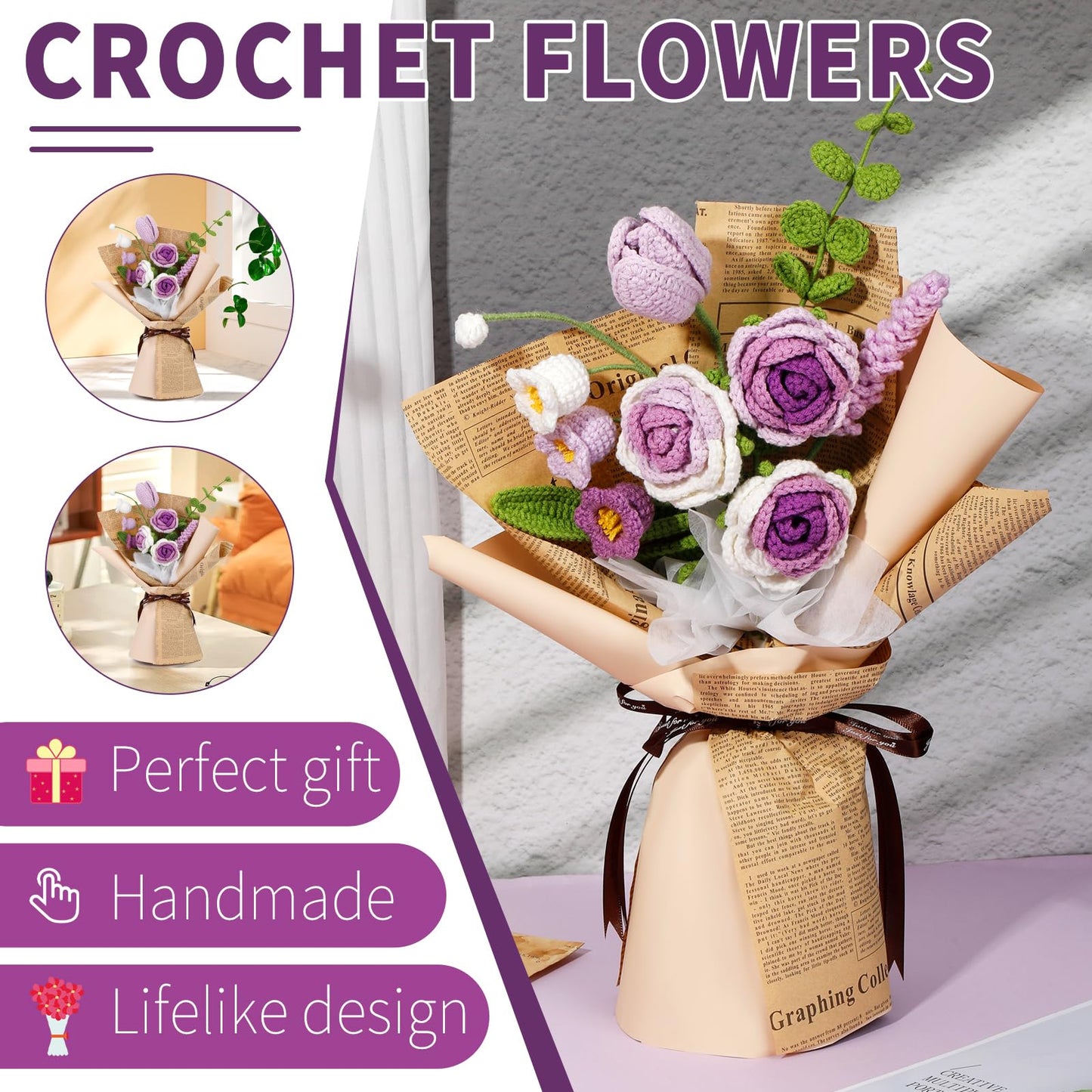 Kogyxe Crochet Kit for Beginners, Purple Rose Crochet Flowers for Adults with Step-by-Step Video Tutorials, DIY Crochet Bouquet Kits Knitting Supplies Include Floral Wire, Newspaper