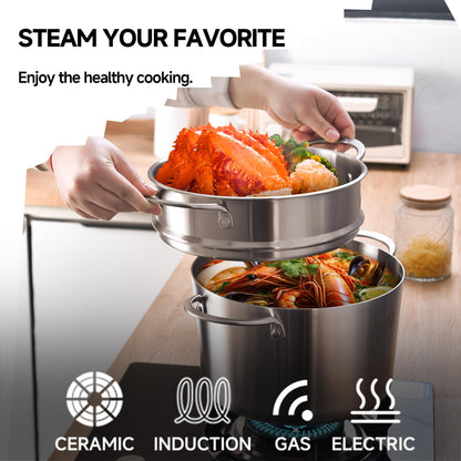 LOLYKITCH 5 Quart Stainless Steel Steamer Pot with Glass Lid, 3-Ply Steaming Pot for Cooking, 2 Tier Induction Steamer Pot for Tamales Seafood Vegetables Dumplings Stock Pot, Thick