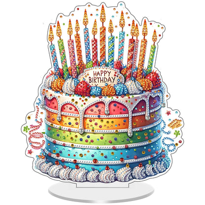 VODAPYC Birthday Party Diamond Art Tabletop, DIY Stand Up Double Sided Special Shaped Partial Diamond Art Desktop Ornaments for Home Decor(Happy Birthday Cake)