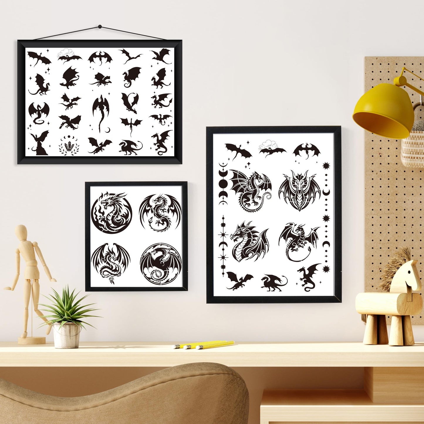 Keluna Dragon Stencils for Painting - 30 Pcs Reusable Pterosaur Moon Star Crafts Templates Dragon Themed Stencils for Painting onWood Wall DIY Art Craft Canvas Fabric Home Décor