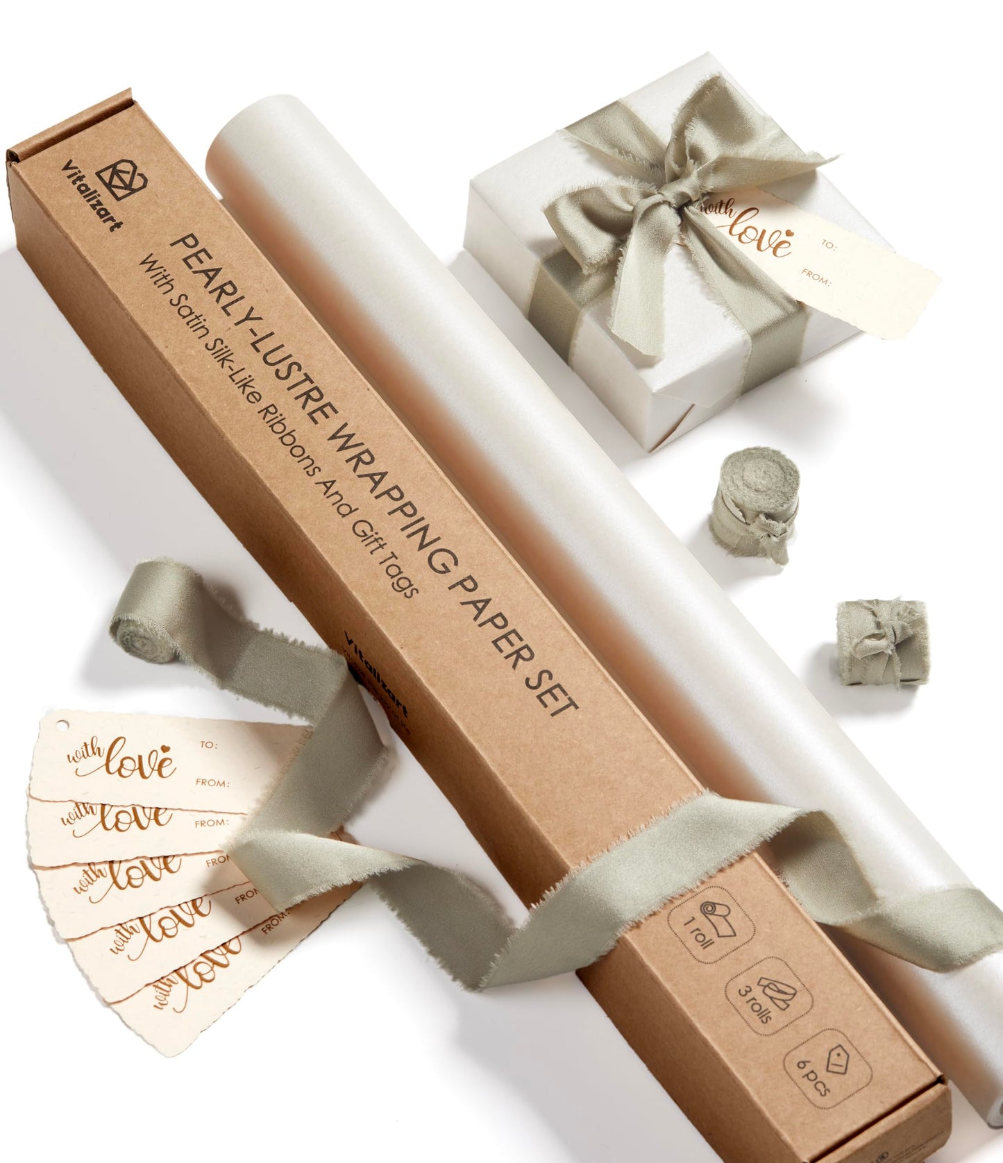Vitalizart White Wrapping Paper Set 17" Pearly-Lustre With Silk Like Satin Ribbon & Gift Tags Recyclable Christmas Gift Wrapping Birthday Baby Shower Wedding Handmade Crafts 197"(16.4 Ft)
