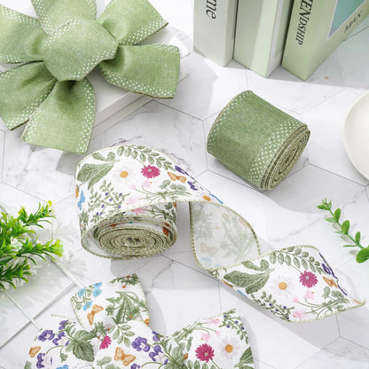 JarThenaAMCS Green Wildflowers Wired Edge Ribbon Retro Wild Floral Craft Ribbon Summer Fabric Ribbon for Spring Wreath Bow Making DIY Wrapping Party Decor Supplies, 2 Rolls, 20 Yard