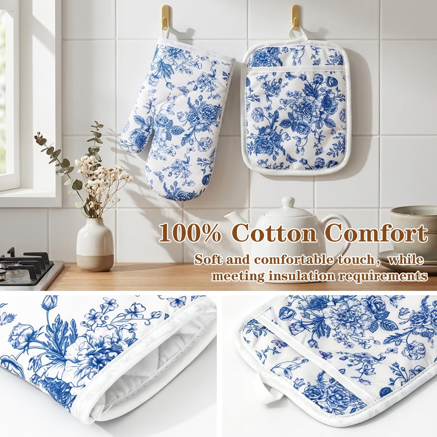 AnyDesign 4Pcs Blue Porcelain Floral Oven Mitts and Pot Holders Set Heat Resistant Non-Slip Potholders Chinoiserie Flower Kitchen Oven Gloves with Hot Pads for Cooking Baking