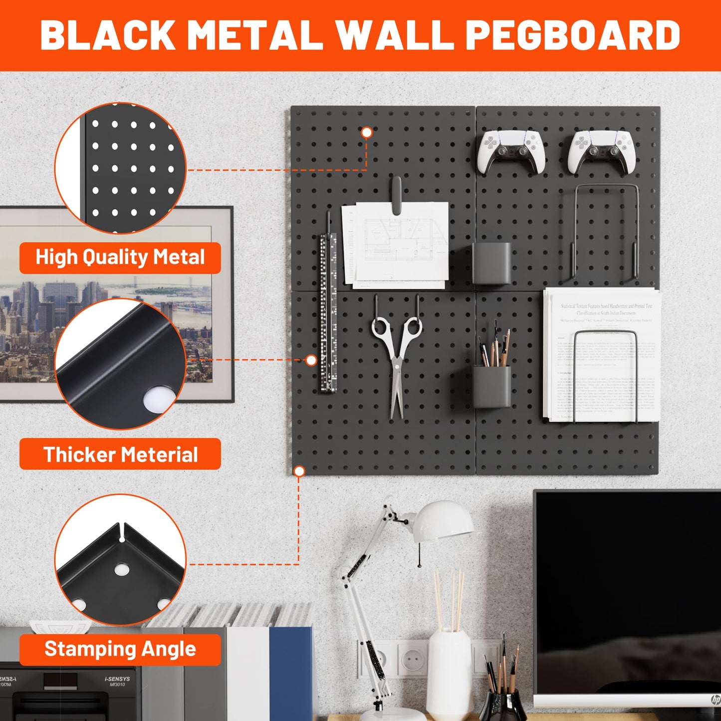 ValueMax 6 Pack Metal Pegboard Panels, 12”x 12” Heavy Duty Metal Pegboard Wall Organizer for Home, Garage, Workbench, Kitchen, Craft Room Tool Storage, Black Modular Peg Board Organizer Board