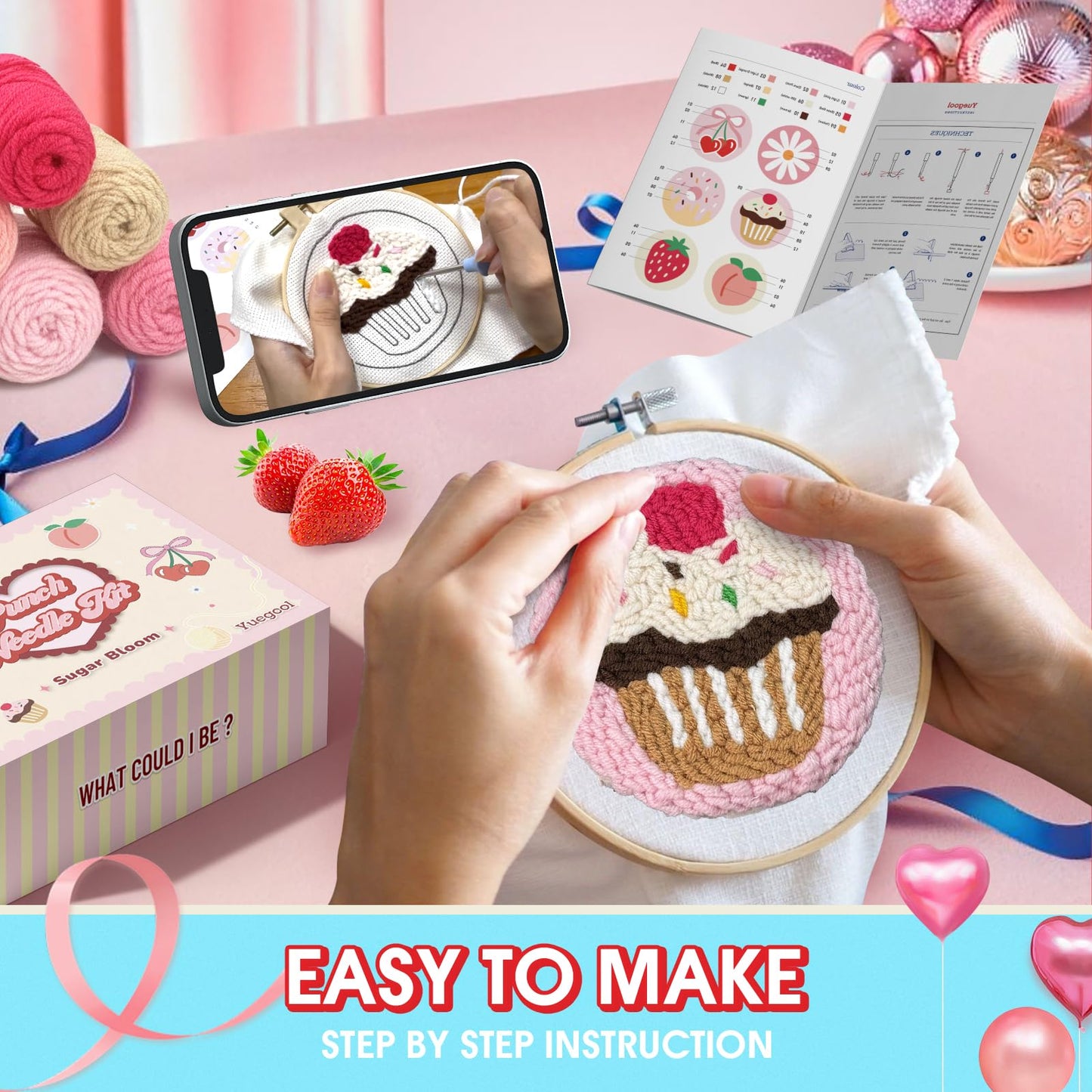 yuegool 6PCS Punch Needle Coaster Kit, Easy DIY Embroidery Set for Beginners & Adults with Patterns, Tools, Yarns, Hoop, Instructions & Coaster Holder