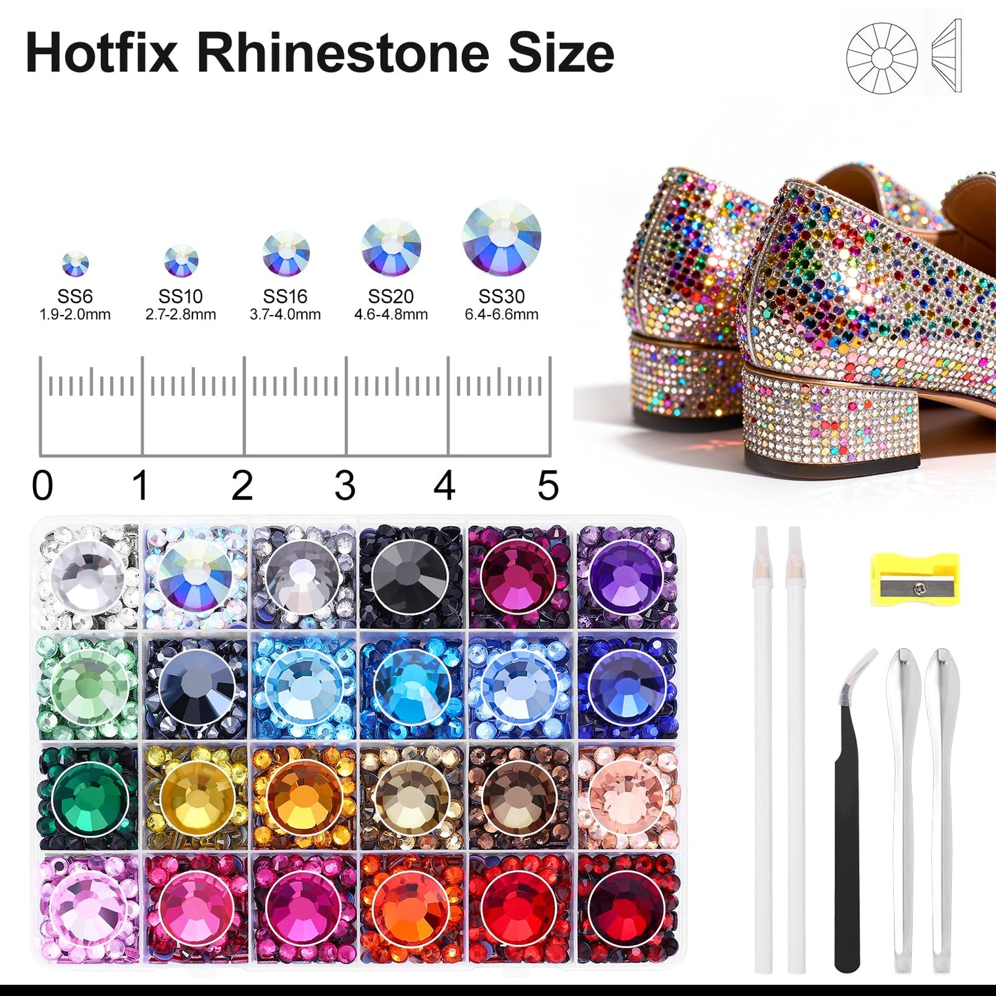 24 Colors Hotfix Rhinestones Kit, SS6 Glass Flatback Crystals Rhinestone for Clothes, Hats, Shoes & Crafts with 4 Tools, Tweezers, Wax, Pencil, Spoon hot fix kit