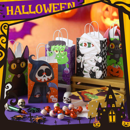 Pajean 18 Pcs Halloween Party Gift Bags Halloween Paper Treat Goodie Bags with Handles Mummy Skeleton Black Cat Candy Cookie Wrap Party Favors for Trick or Treat Favors Supplies